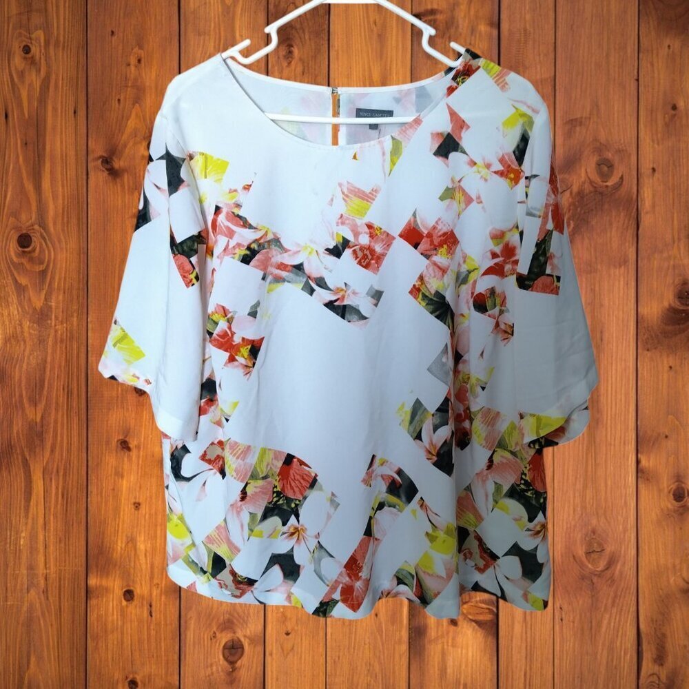 Vince Camuto 2X Floral Patchwork Flowy Pullover Keyhole Back Blouse Boho Classic